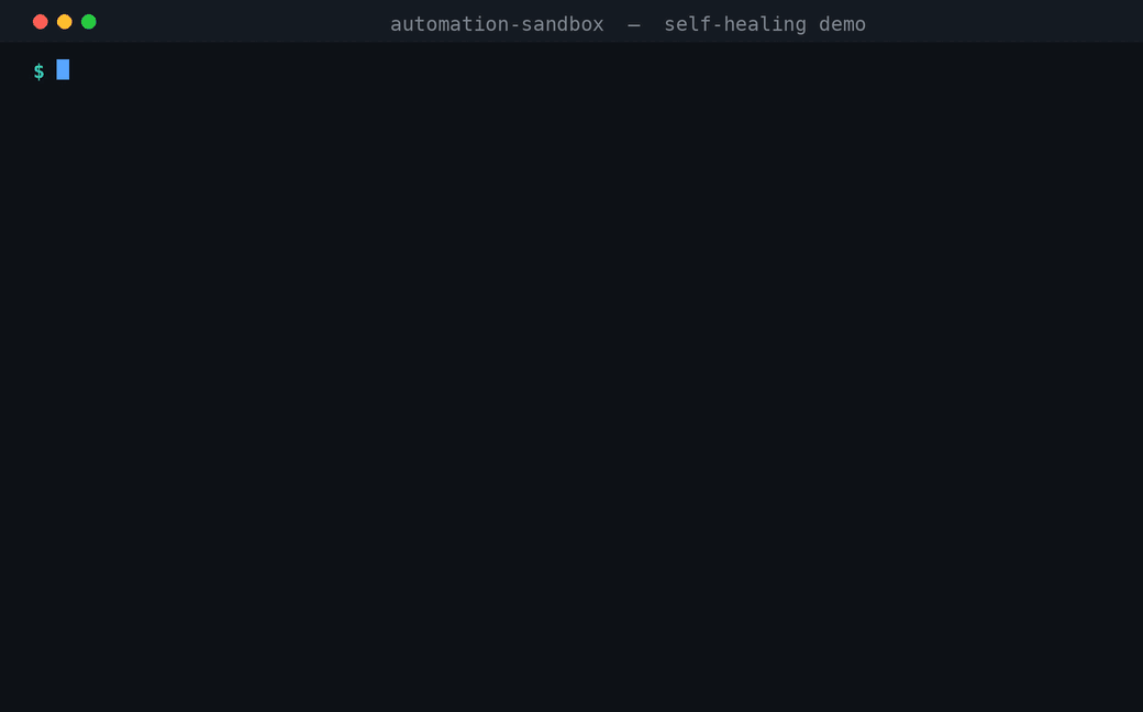 Automation Sandbox healing a broken locator and writing the decision to an audit report